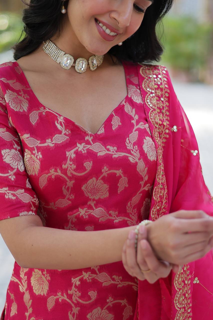 "Exquisite Viscose Georgette Jacquard Kurti Set with Gharara & Embroidered Dupatta"