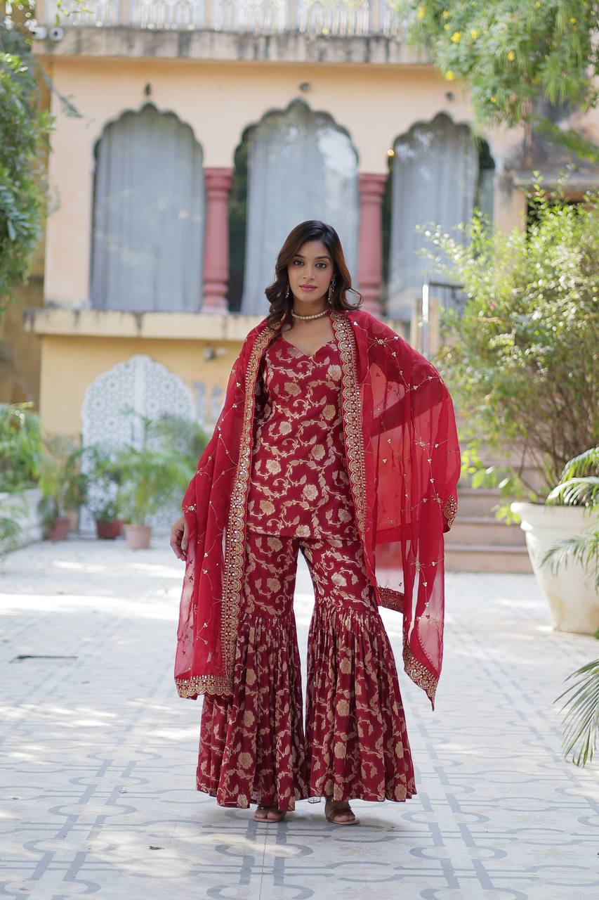 "Exquisite Viscose Georgette Jacquard Kurti Set with Gharara & Embroidered Dupatta"