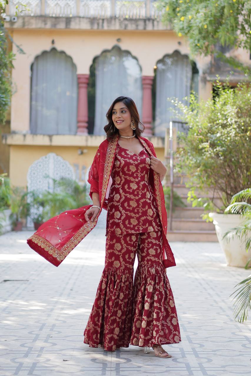 "Exquisite Viscose Georgette Jacquard Kurti Set with Gharara & Embroidered Dupatta"