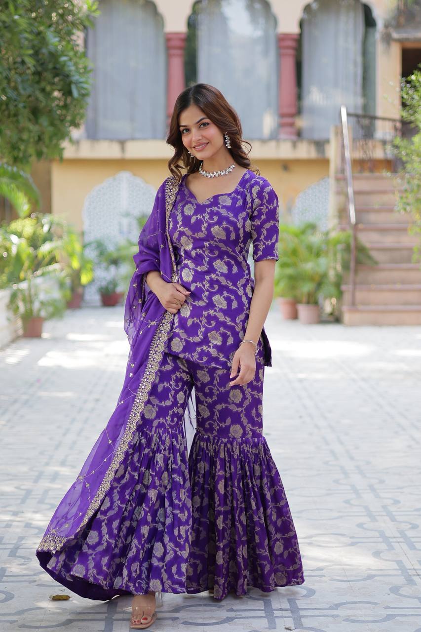 "Exquisite Viscose Georgette Jacquard Kurti Set with Gharara & Embroidered Dupatta"
