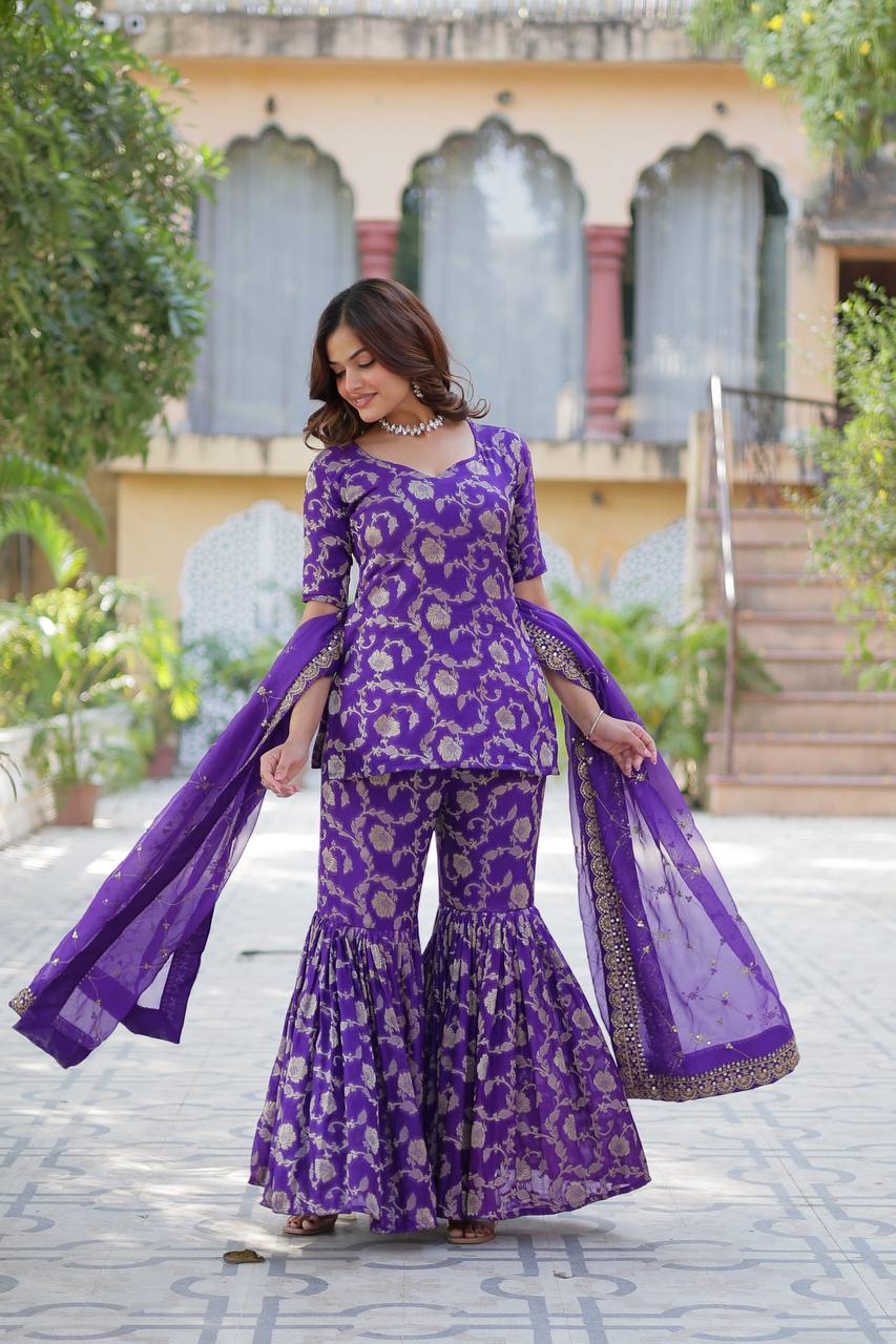 "Exquisite Viscose Georgette Jacquard Kurti Set with Gharara & Embroidered Dupatta"