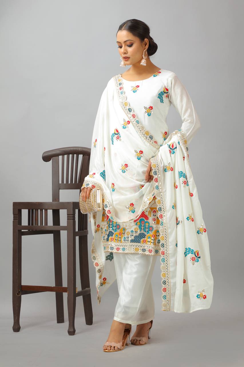 Elegant Heavy Chinnon Silk Set with Embroidery & Sequence Work
