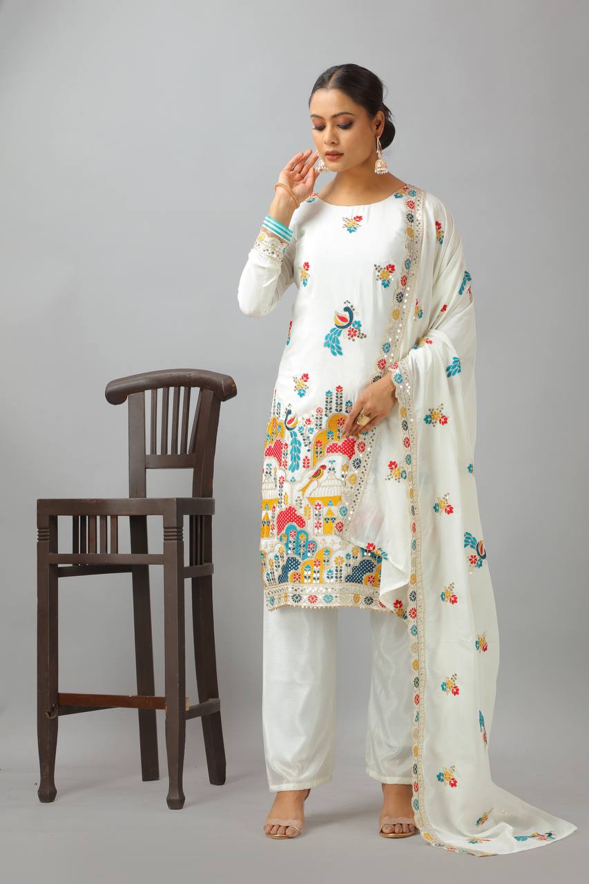 Elegant Heavy Chinnon Silk Set with Embroidery & Sequence Work