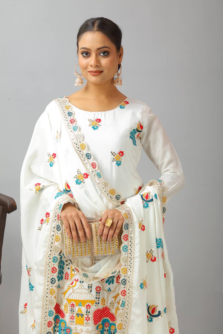 Elegant Heavy Chinnon Silk Set with Embroidery & Sequence Work