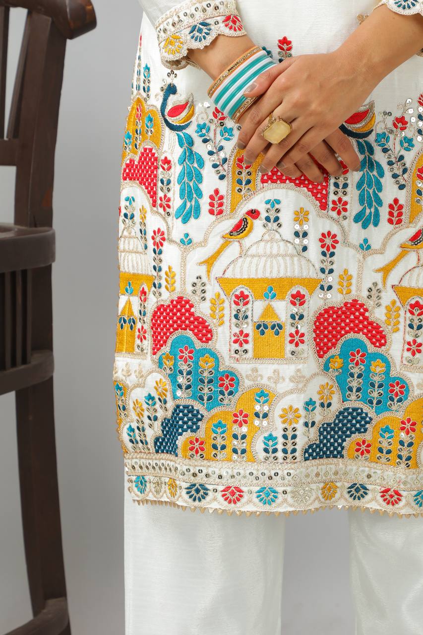 Elegant Heavy Chinnon Silk Set with Embroidery & Sequence Work