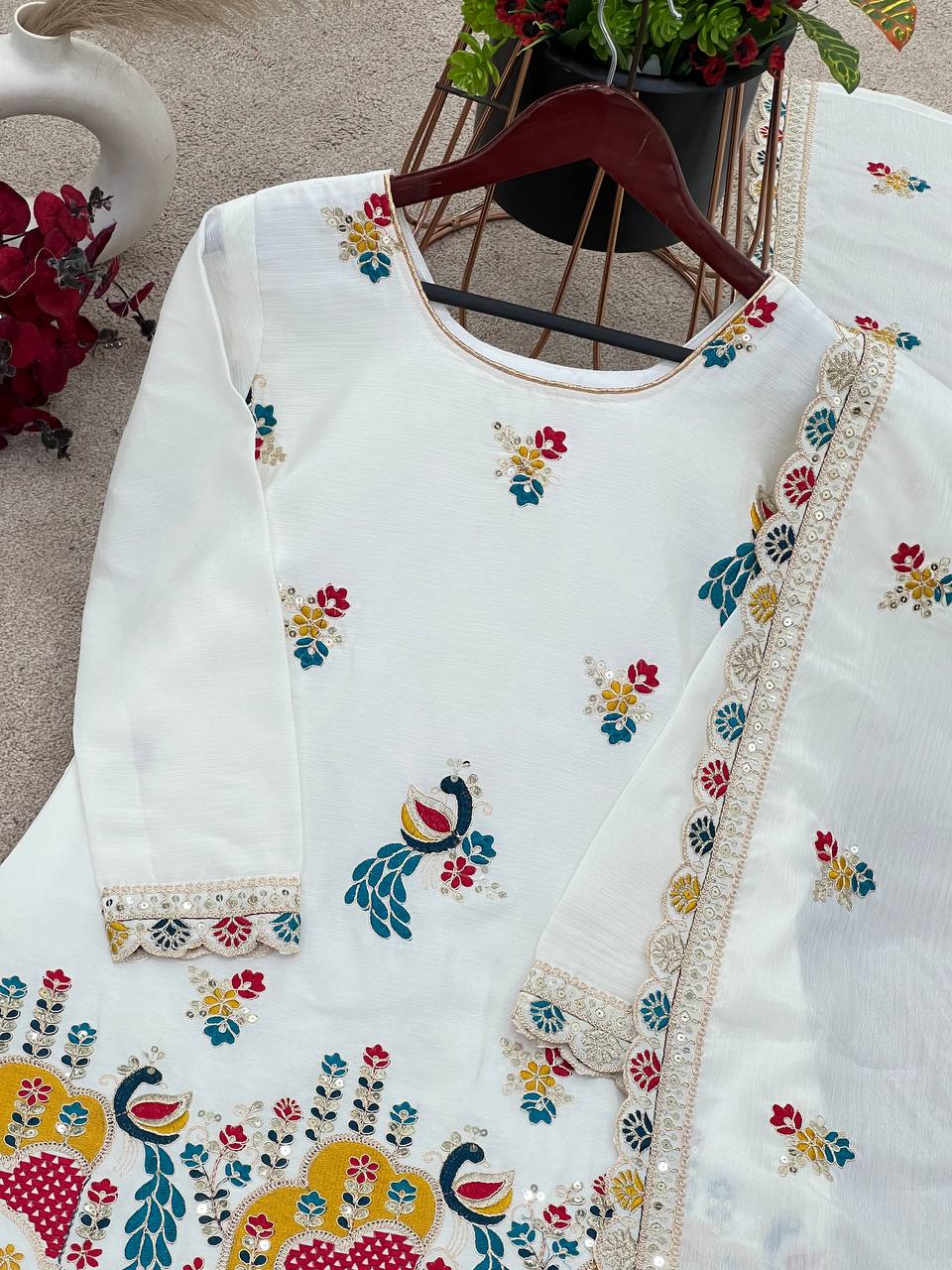 Elegant Heavy Chinnon Silk Set with Embroidery & Sequence Work
