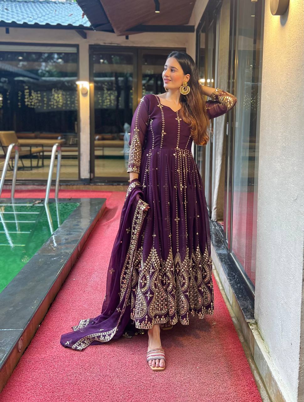 "Elegant Heavy Faux Georgette Anarkali Set with Sequence & Embroidery Work – Includes Dupatta, Pants, and Inner"