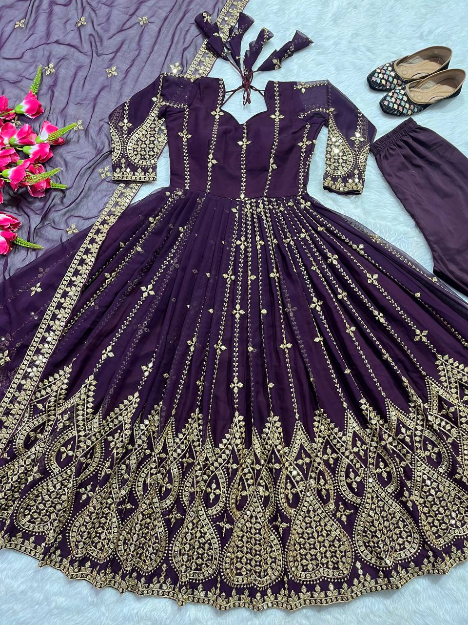 "Elegant Heavy Faux Georgette Anarkali Set with Sequence & Embroidery Work – Includes Dupatta, Pants, and Inner"
