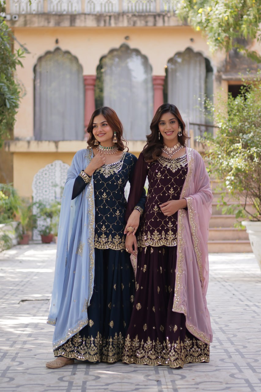 "Elegant Faux Blooming Sequins Embroidered Kurti, Plazzo, and Dupatta Set"