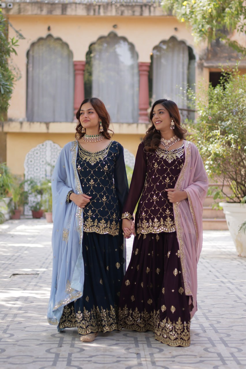 "Elegant Faux Blooming Sequins Embroidered Kurti, Plazzo, and Dupatta Set"