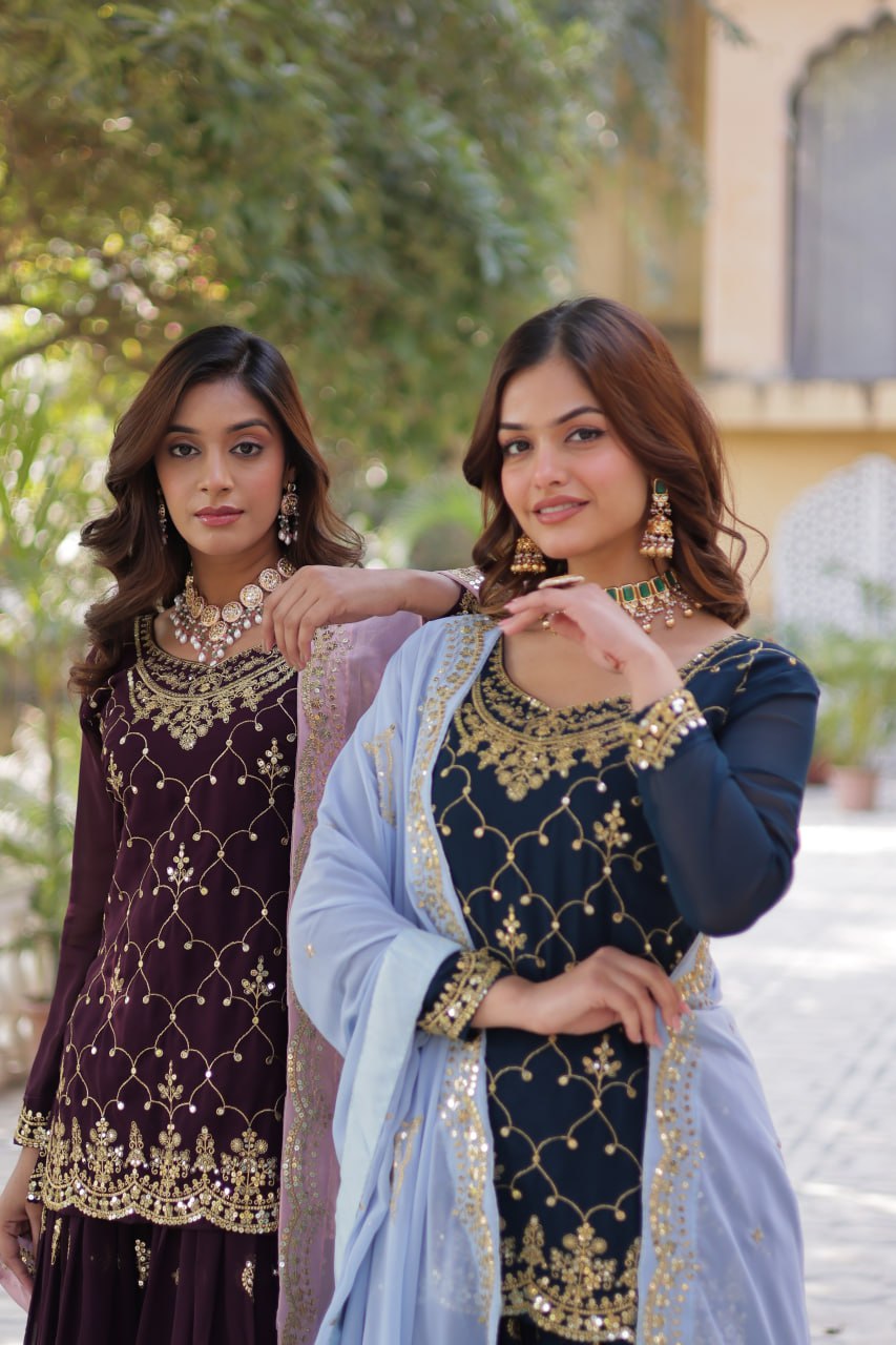"Elegant Faux Blooming Sequins Embroidered Kurti, Plazzo, and Dupatta Set"