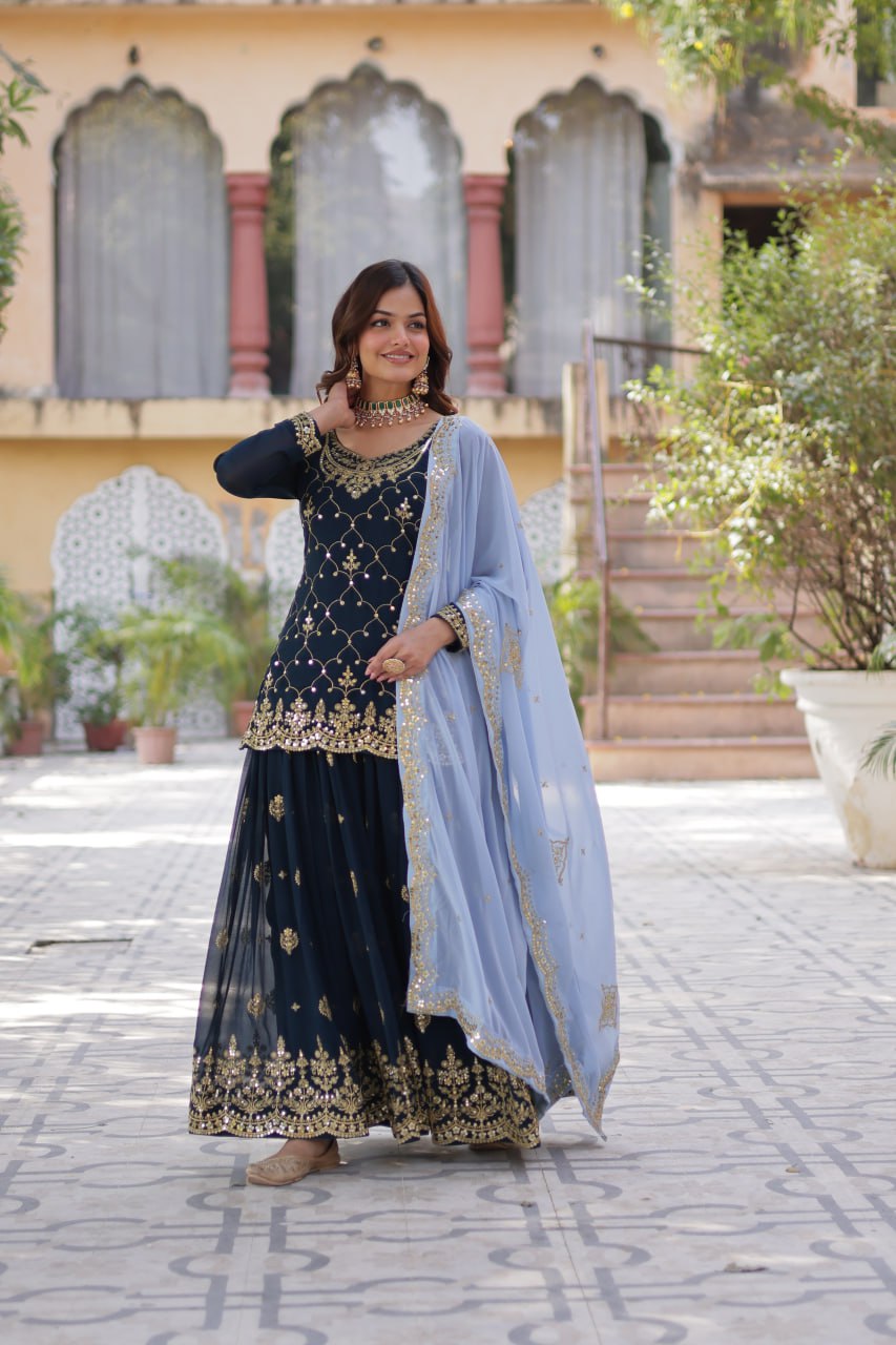 "Elegant Faux Blooming Sequins Embroidered Kurti, Plazzo, and Dupatta Set"