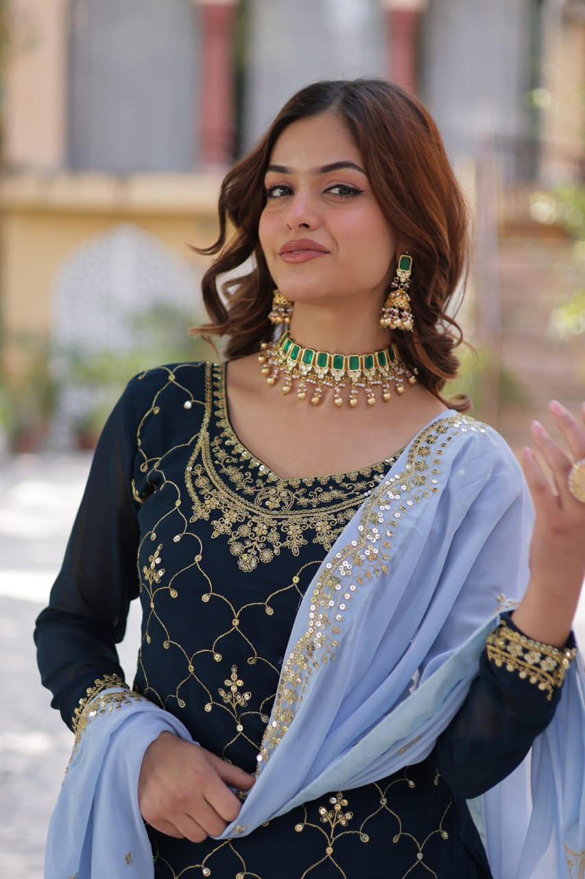 "Elegant Faux Blooming Sequins Embroidered Kurti, Plazzo, and Dupatta Set"