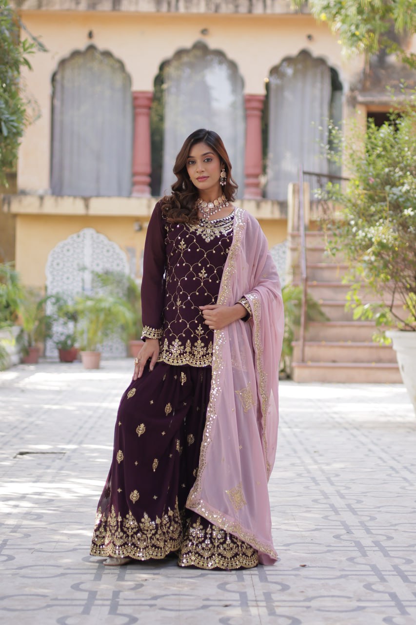 "Elegant Faux Blooming Sequins Embroidered Kurti, Plazzo, and Dupatta Set"