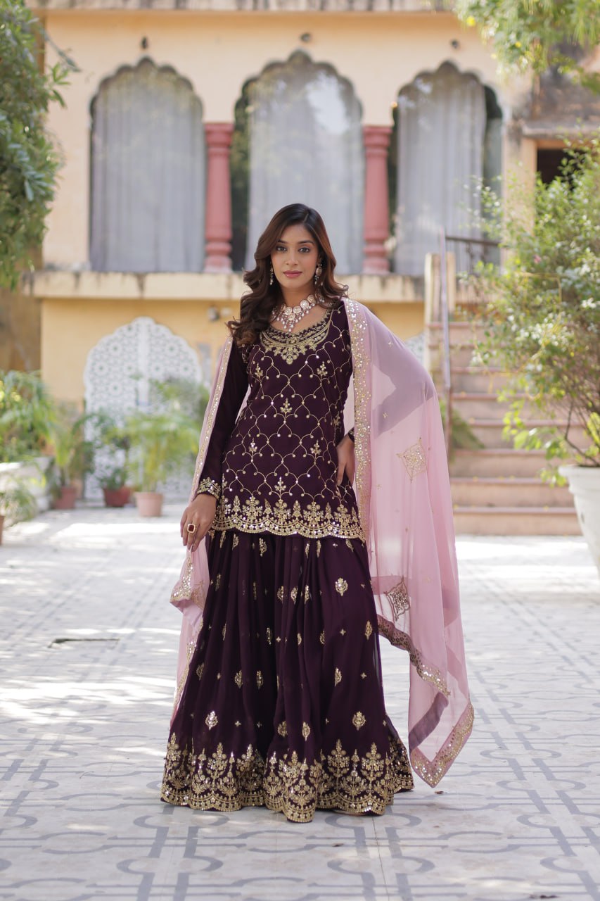 "Elegant Faux Blooming Sequins Embroidered Kurti, Plazzo, and Dupatta Set"