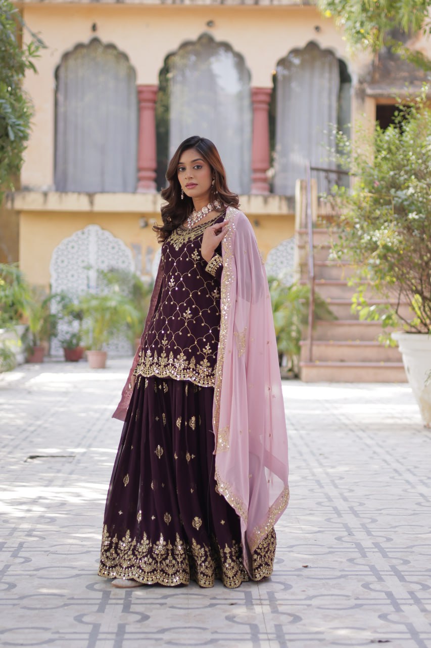 "Elegant Faux Blooming Sequins Embroidered Kurti, Plazzo, and Dupatta Set"