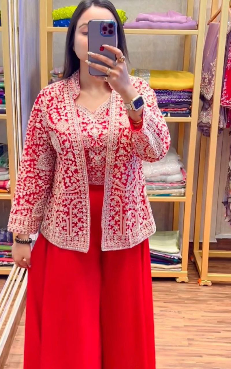 "Elegant Heavy Georgette Plazzo Set with Embroidered Blouse & Koti"