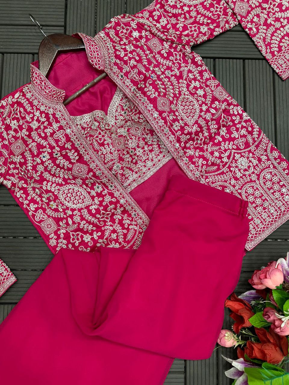 "Elegant Heavy Georgette Plazzo Set with Embroidered Blouse & Koti"