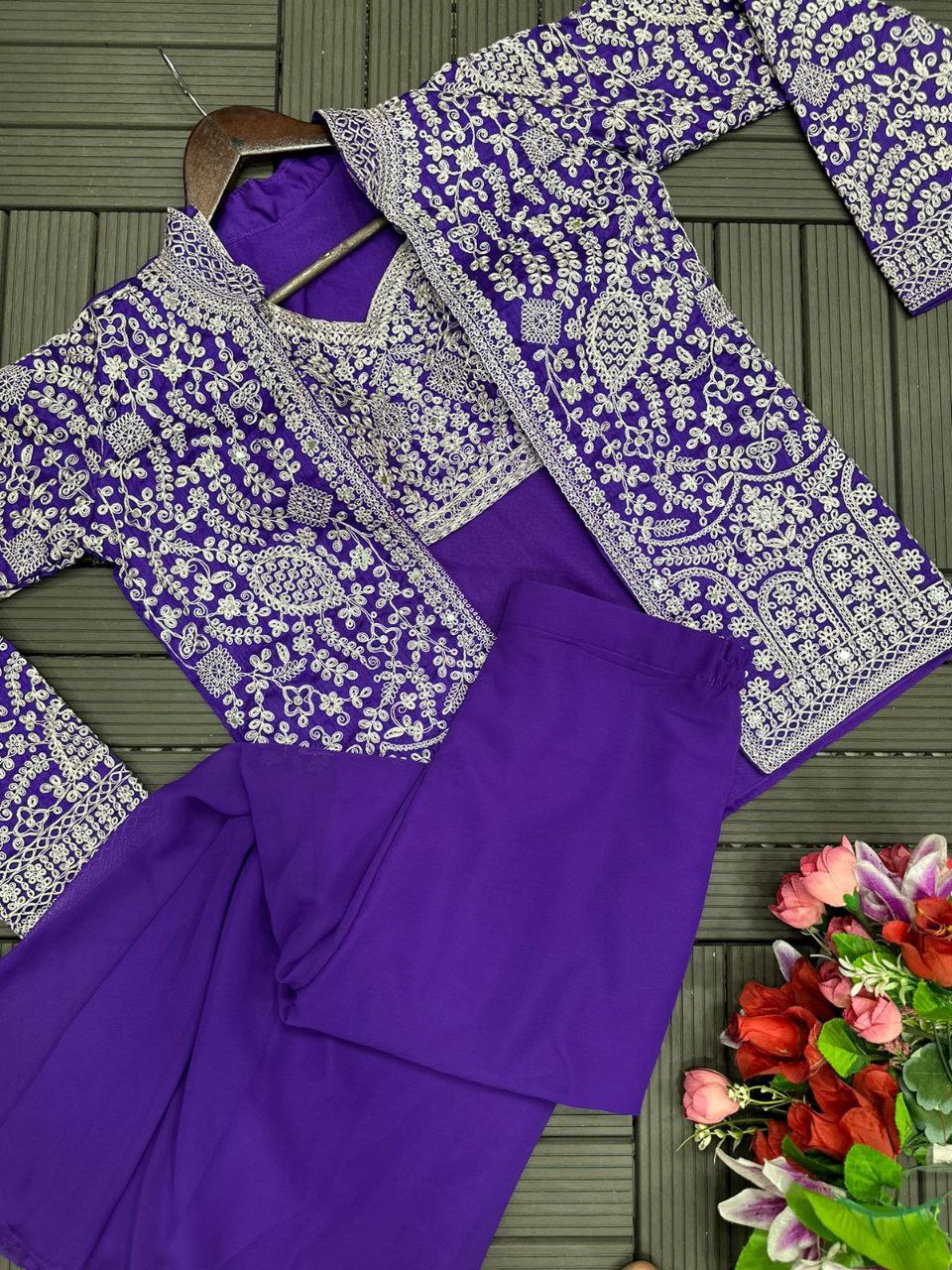 "Elegant Heavy Georgette Plazzo Set with Embroidered Blouse & Koti"