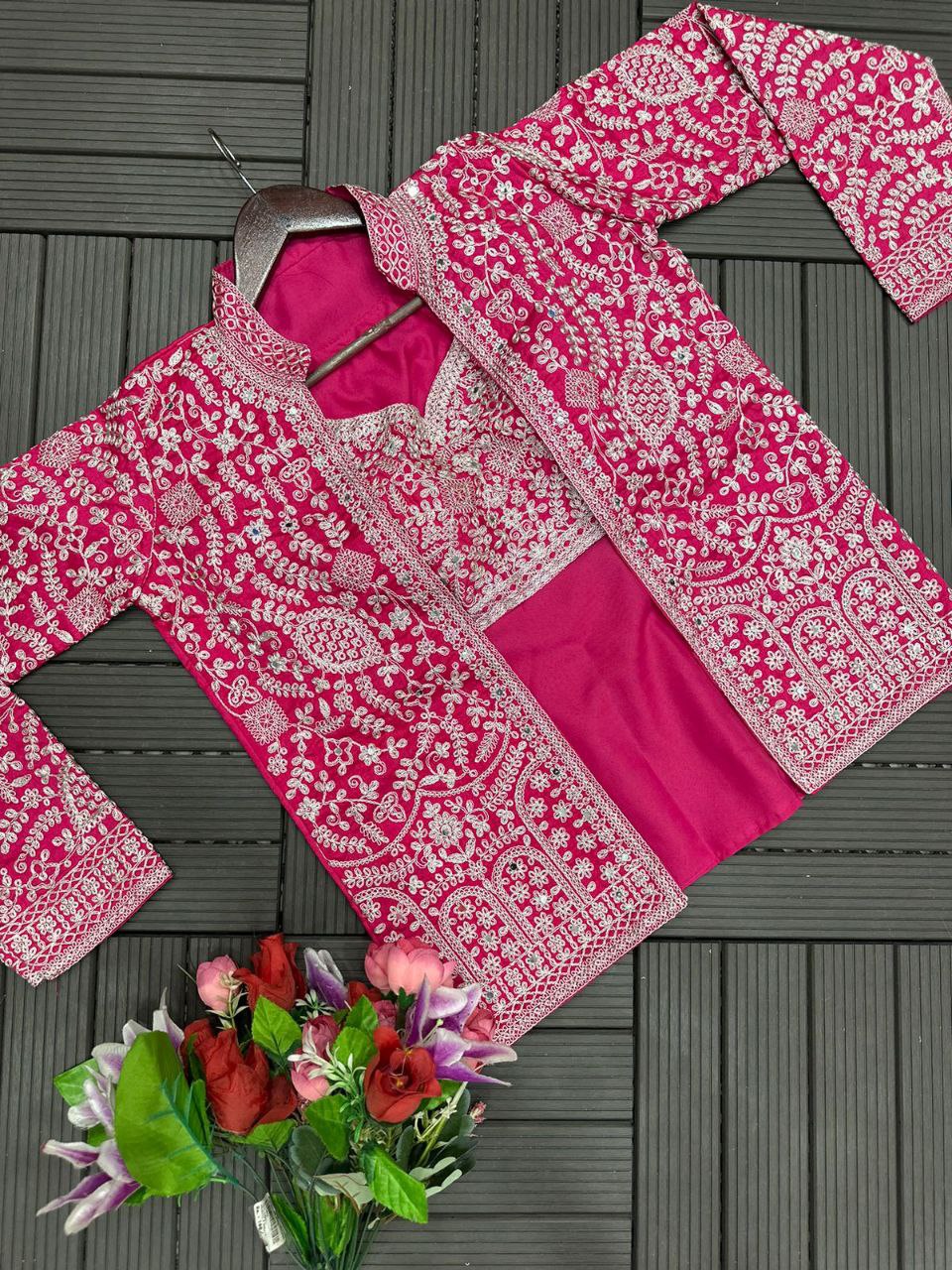 "Elegant Heavy Georgette Plazzo Set with Embroidered Blouse & Koti"