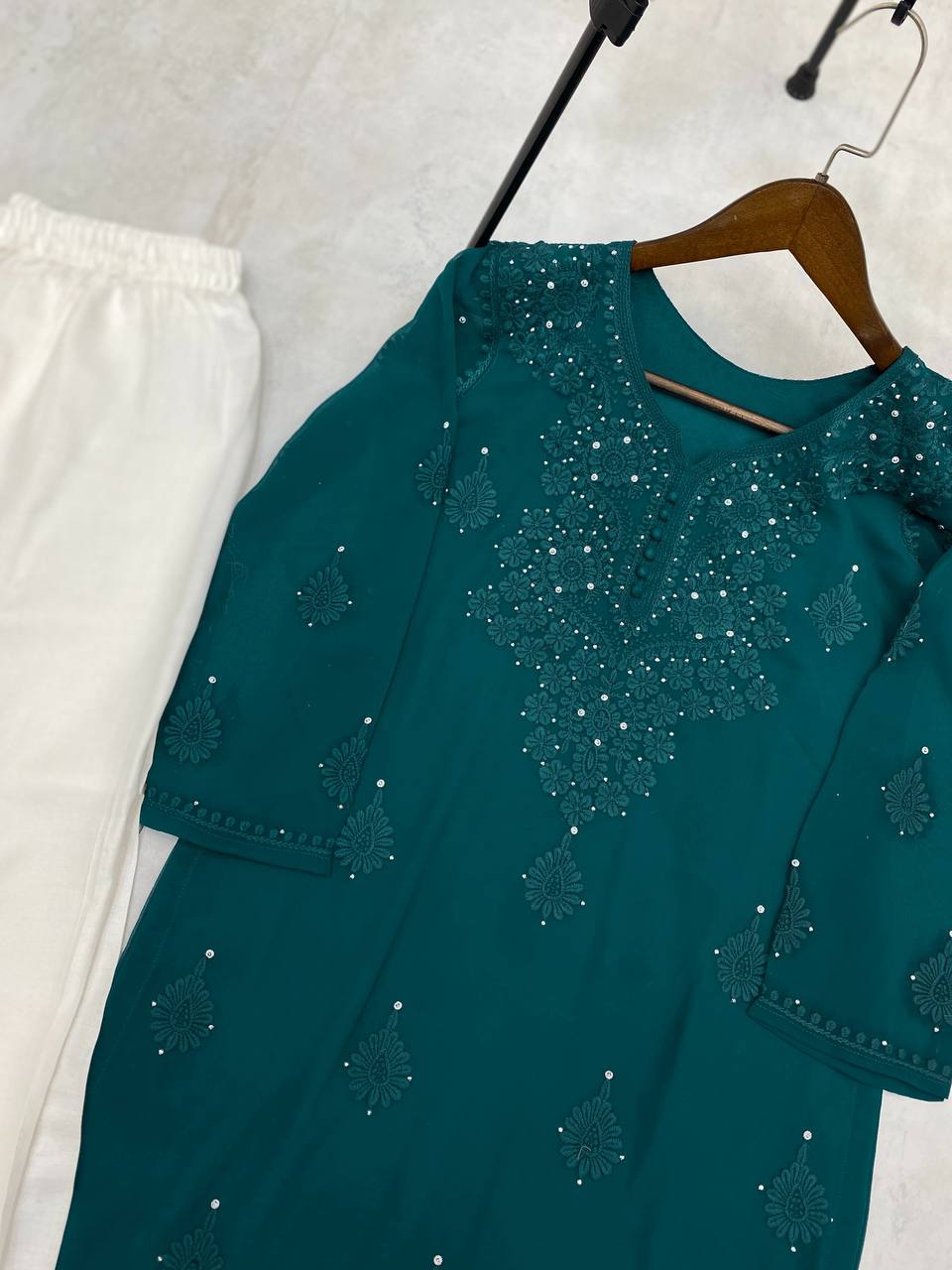 Elegant Georgette Embroidered Top with Rayon Plazo Set