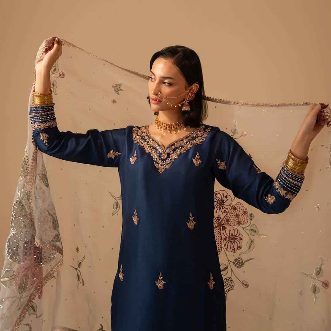 "Elegance in Chinon: Embroidered Sequence Suit with Organza Dupatta & Sequined Pant Border"