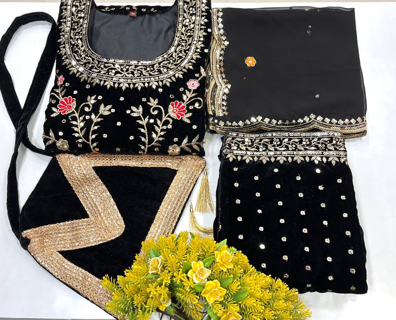 "Elegant Velvet & Georgette Set with Sequence & Thread Embroidery, Cutwork & Potli - Kurti, Plazzo & Dupatta"