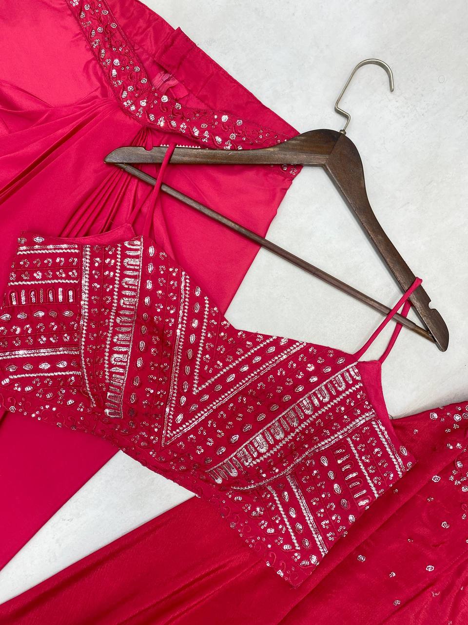 "Elegant French Silk Ensemble with Sequence Embroidery"