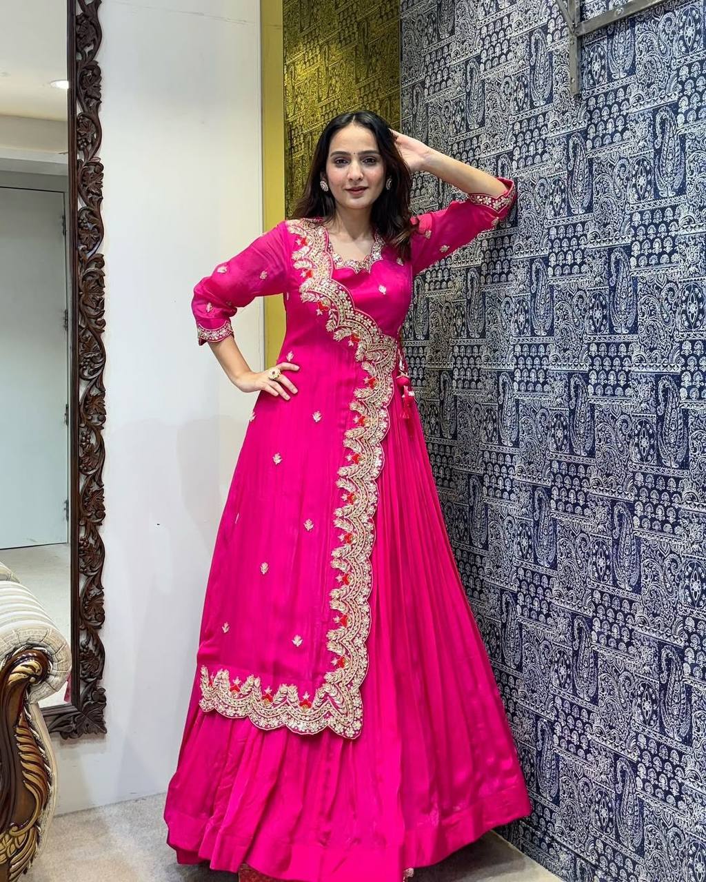 "Elegant Faux Georgette Gown with Intricate Embroidery & Silk Inner"