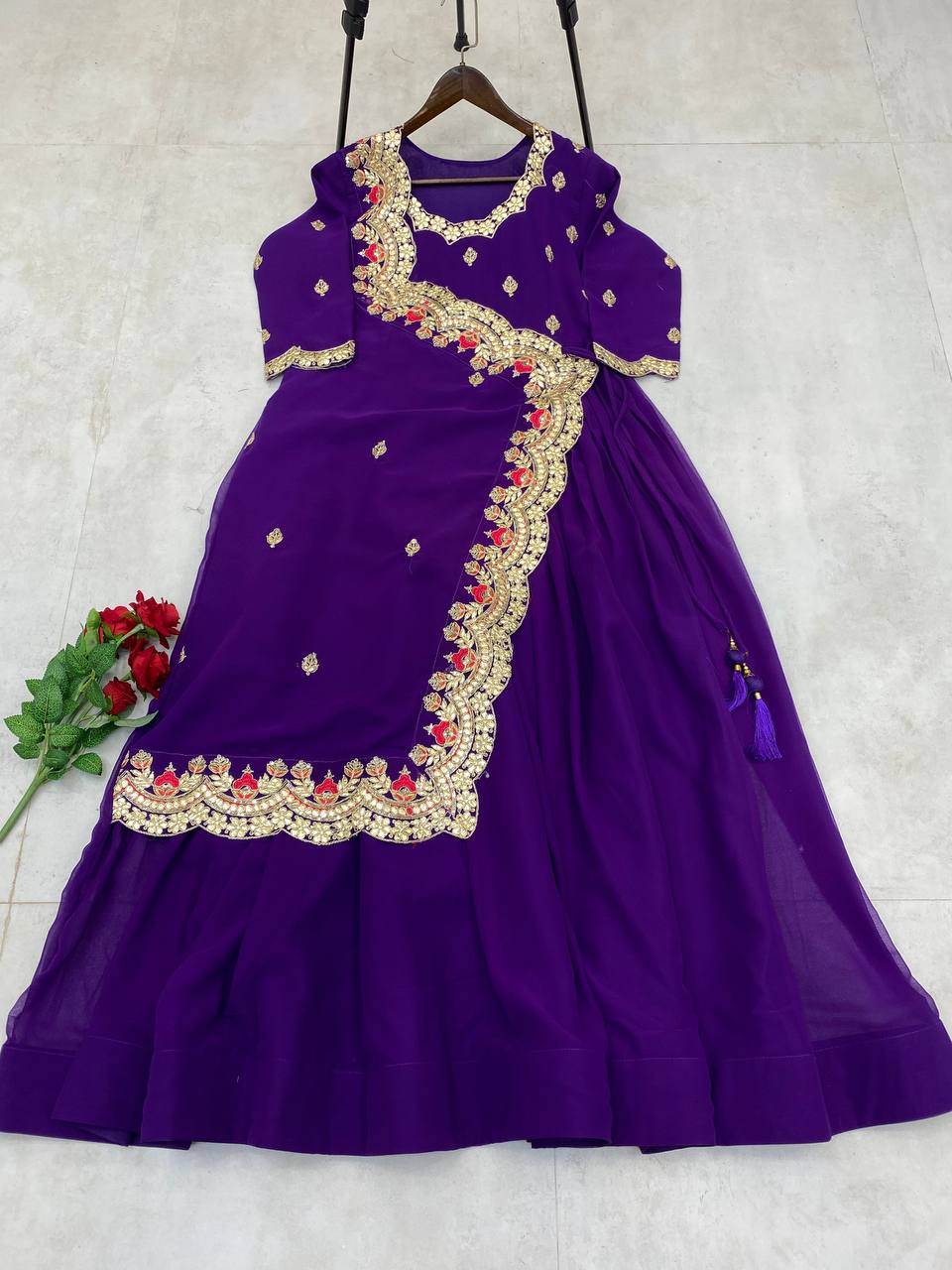 "Elegant Faux Georgette Gown with Intricate Embroidery & Silk Inner"