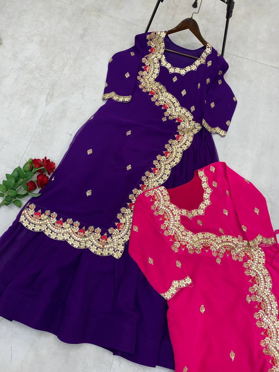 "Elegant Faux Georgette Gown with Intricate Embroidery & Silk Inner"