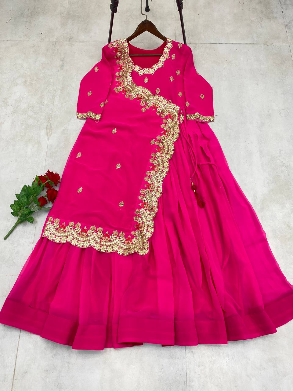 "Elegant Faux Georgette Gown with Intricate Embroidery & Silk Inner"