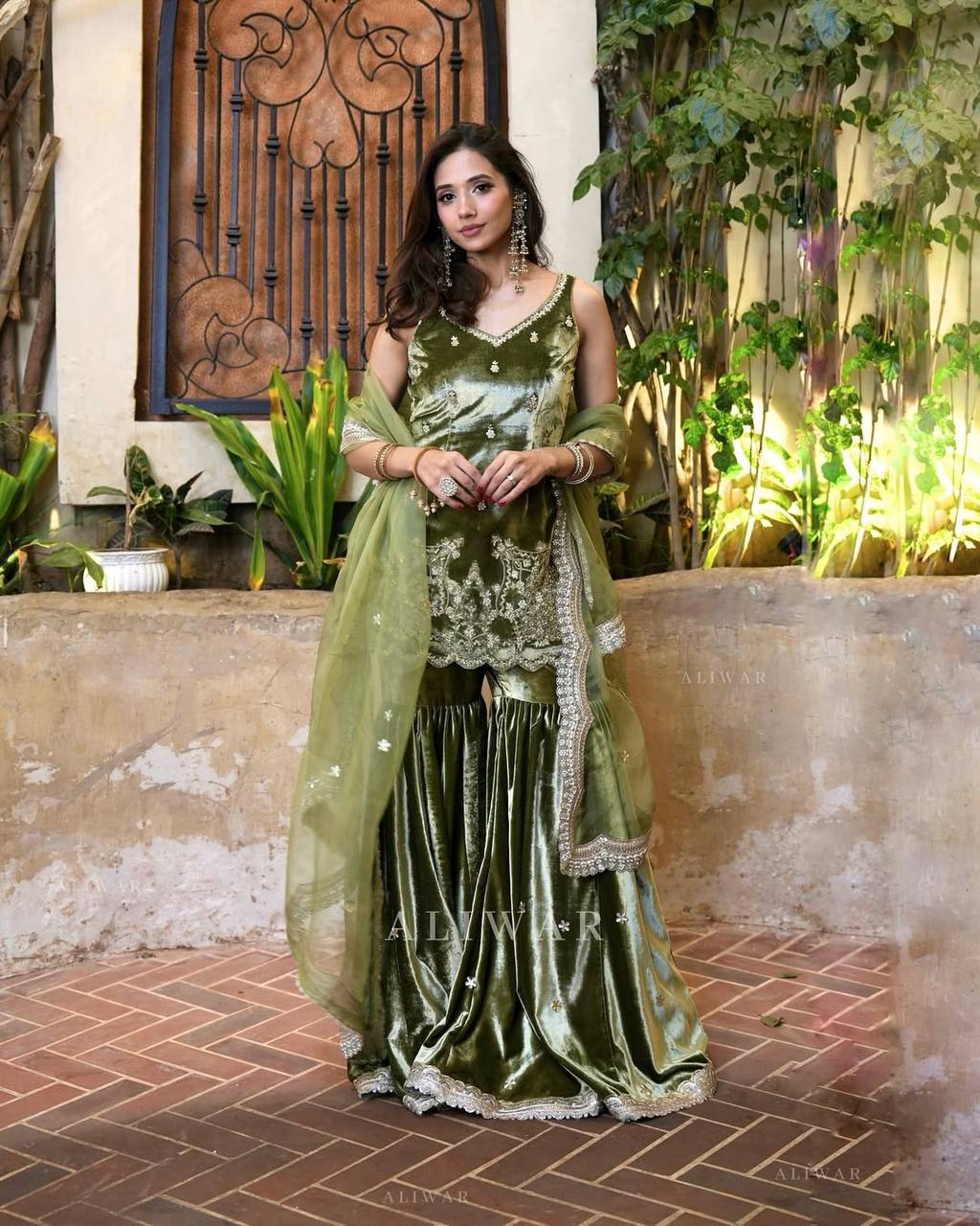 "Elegant Pure Velvet Sharara Set with Embroidered Sequence Work & Organza Dupatta"