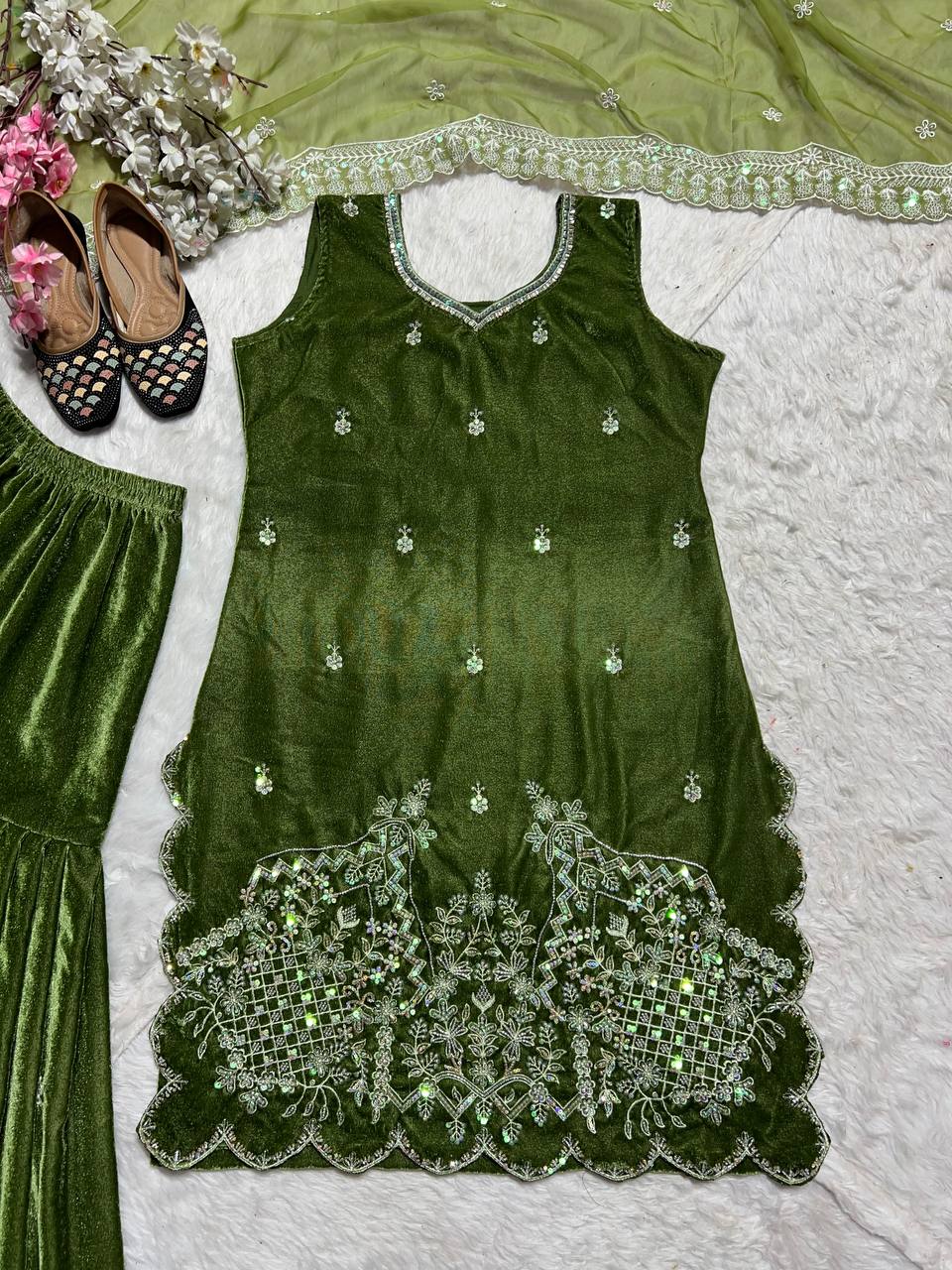 "Elegant Pure Velvet Sharara Set with Embroidered Sequence Work & Organza Dupatta"