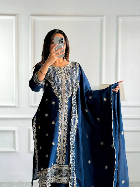 "Luxury Cinon Silk Set: Embroidered Top, Pant, and Dupatta"