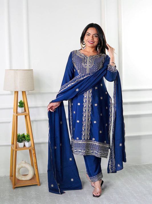 "Elegant Pure Cinon Silk Ensemble with Heavy Sequence Work"