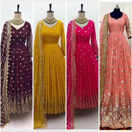 "Heavy Fox Georgette Gown Set with Sequins Embroidery, Pant & Dupatta – Fully Stitched"