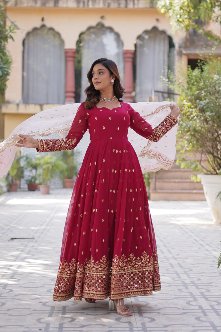 "Elegant Faux Blooming Embroidered Gown with Tabby Silk Dupatta"