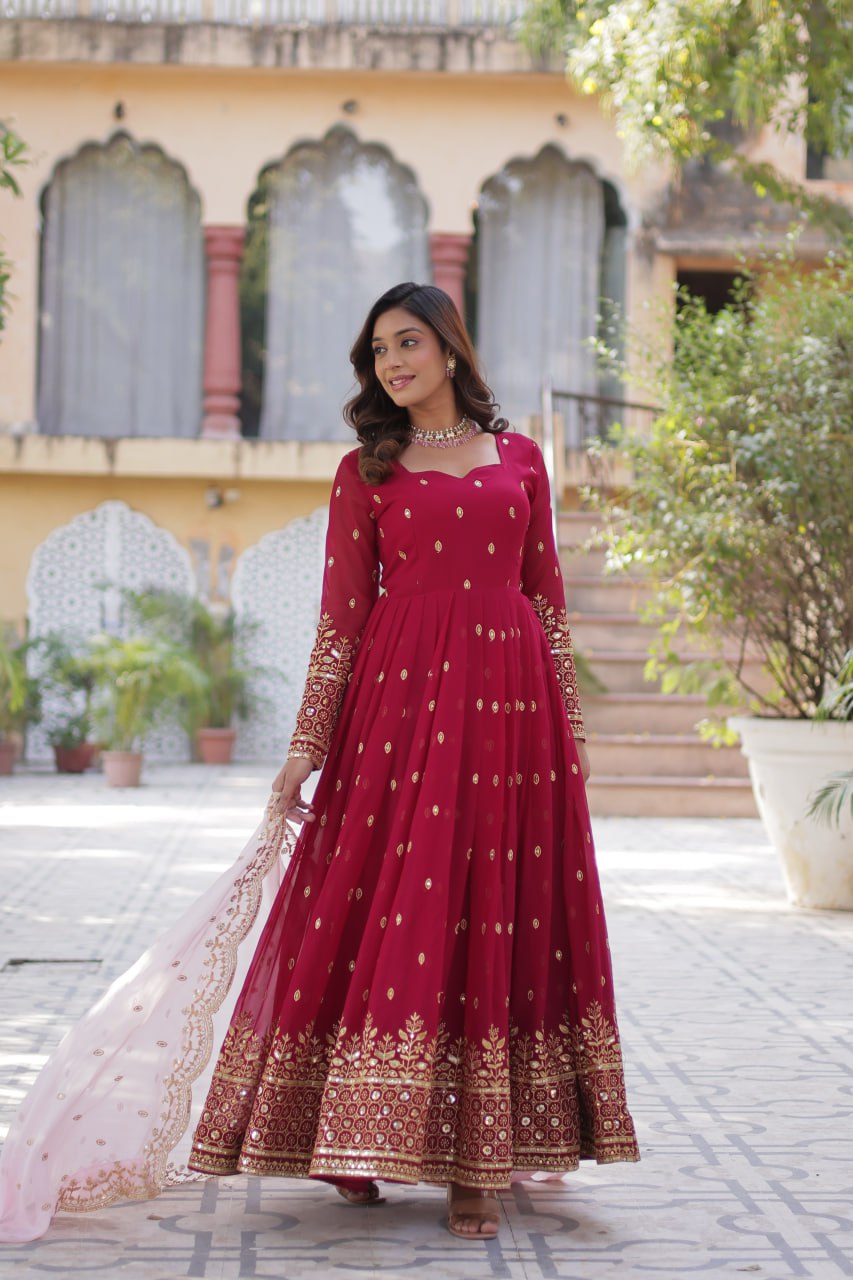 "Elegant Faux Blooming Embroidered Gown with Tabby Silk Dupatta"