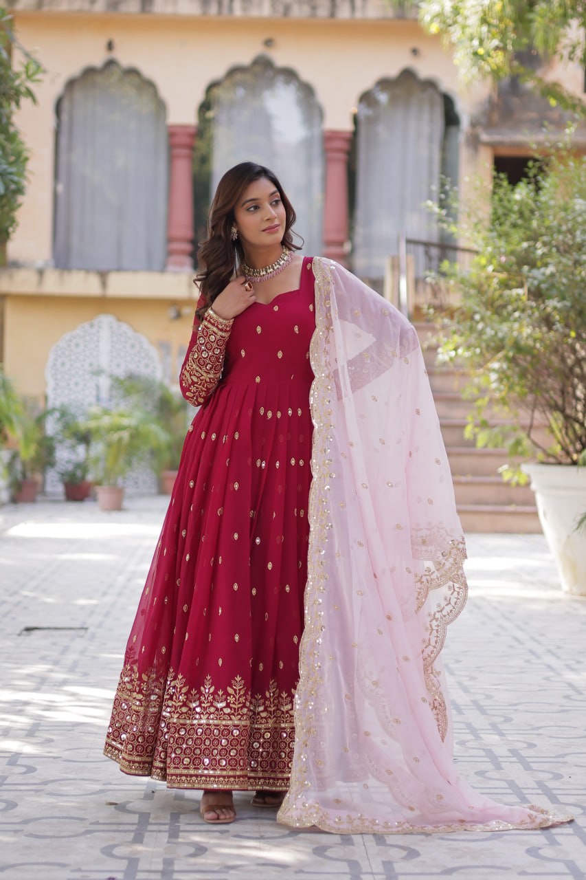 "Elegant Faux Blooming Embroidered Gown with Tabby Silk Dupatta"