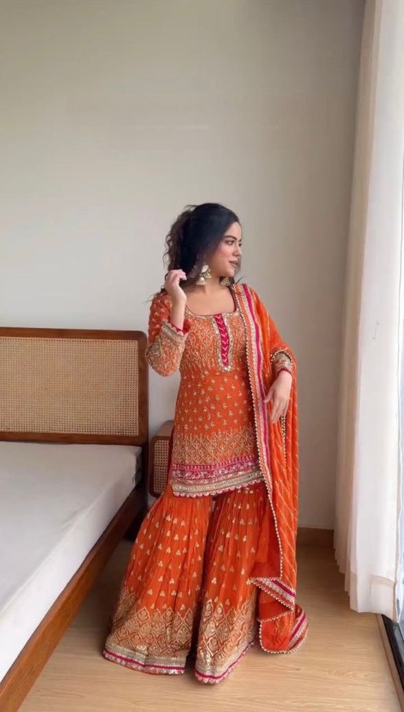 "Elegant Thread Sequence Ensemble with Sharara and Dupatta"