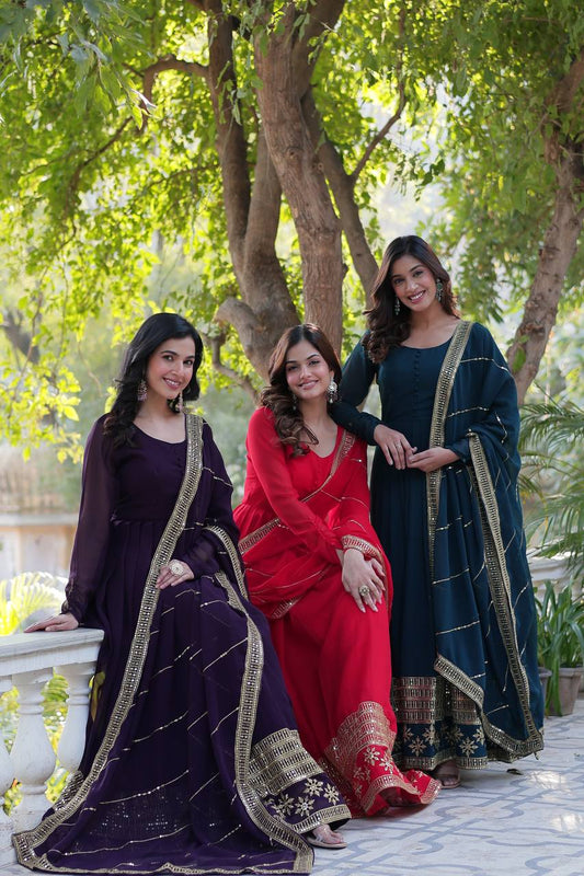 "Exquisite Sequins Embroidered Faux Blooming Gown with Matching Dupatta"