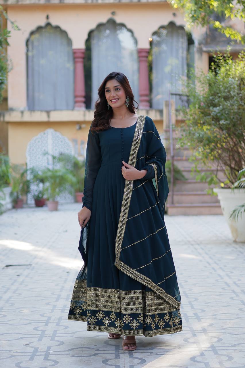 "Exquisite Sequins Embroidered Faux Blooming Gown with Matching Dupatta"