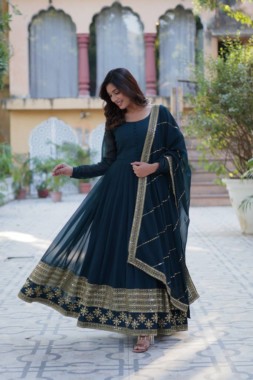 "Exquisite Sequins Embroidered Faux Blooming Gown with Matching Dupatta"