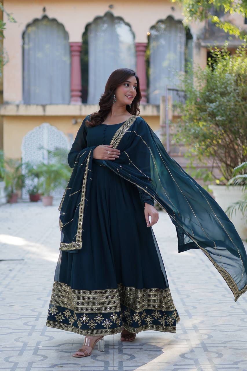"Exquisite Sequins Embroidered Faux Blooming Gown with Matching Dupatta"
