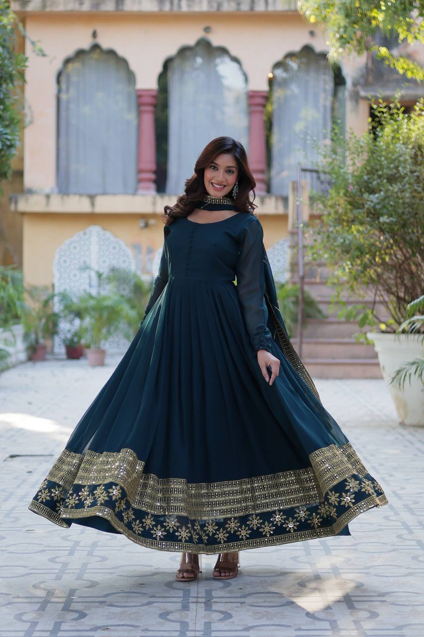 "Exquisite Sequins Embroidered Faux Blooming Gown with Matching Dupatta"