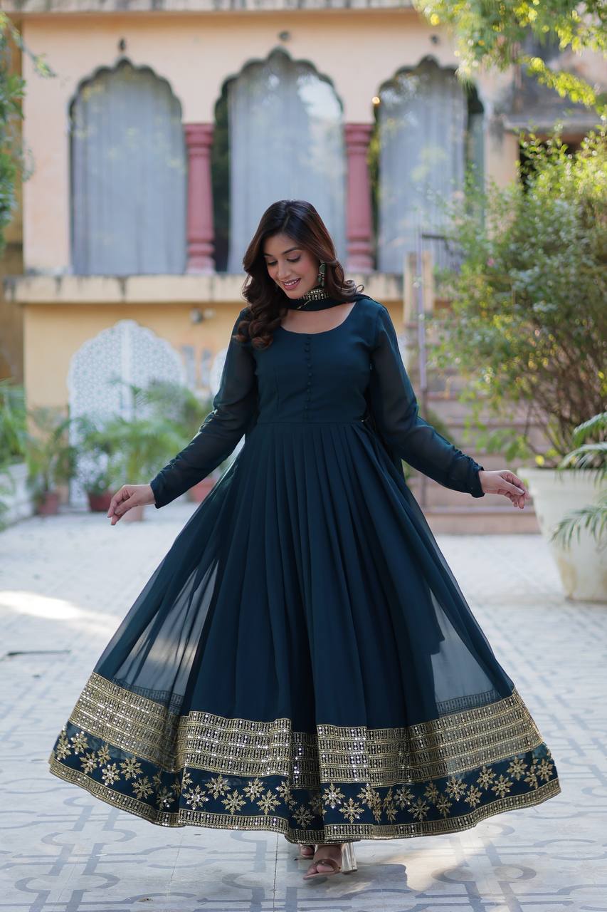 "Exquisite Sequins Embroidered Faux Blooming Gown with Matching Dupatta"