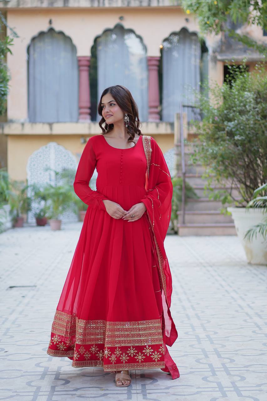 "Exquisite Sequins Embroidered Faux Blooming Gown with Matching Dupatta"