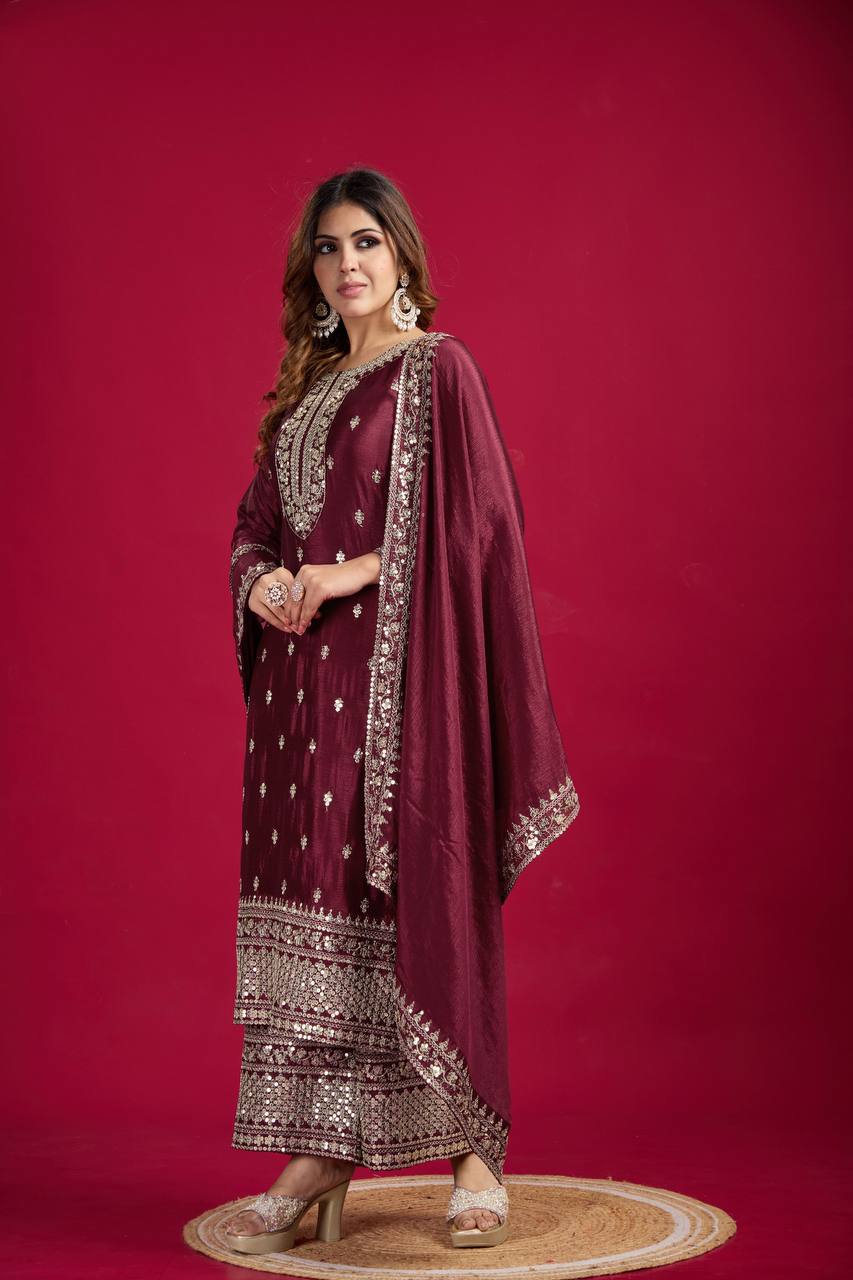 "Elegant Chinnon Silk Embroidered 3-Piece Set with Sequence Work"
