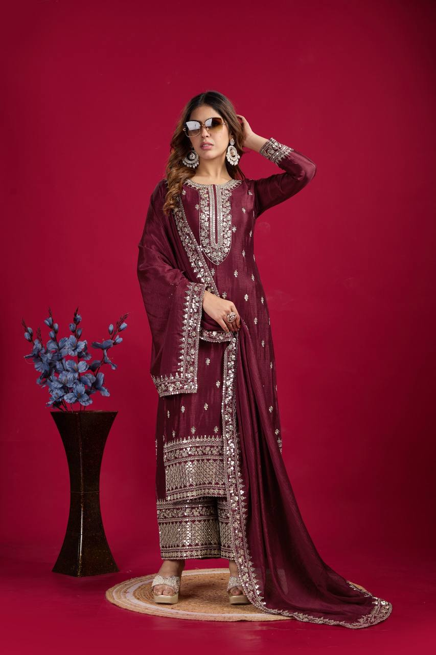 "Elegant Chinnon Silk Embroidered 3-Piece Set with Sequence Work"